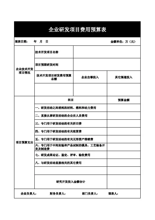 企业研发项目费用预算表