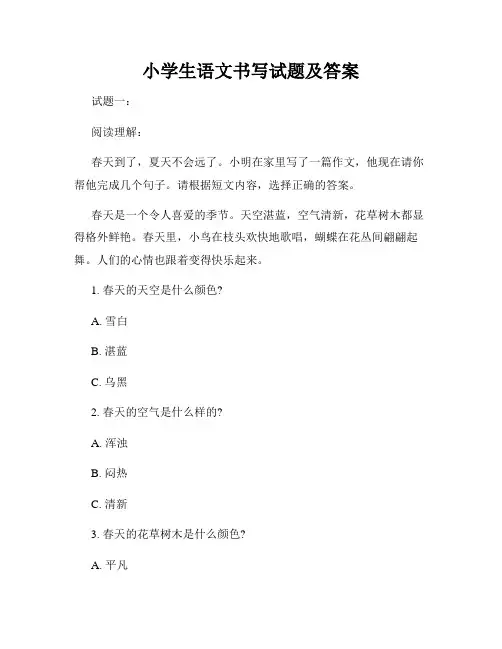 小学生语文书写试题及答案