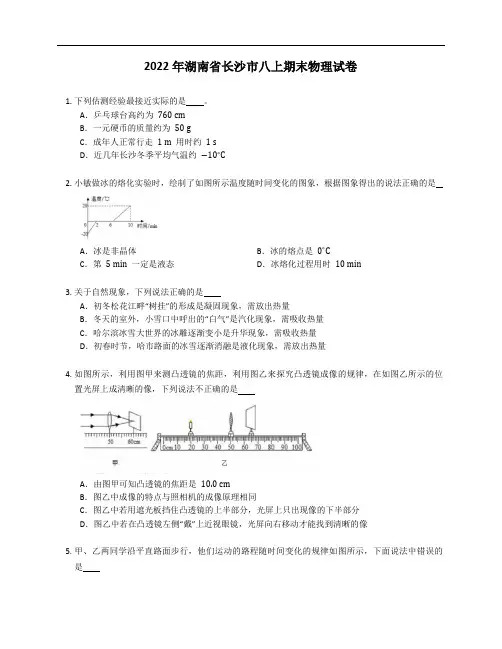 2022年湖南省长沙市八年级上学期期末物理试卷(含答案)