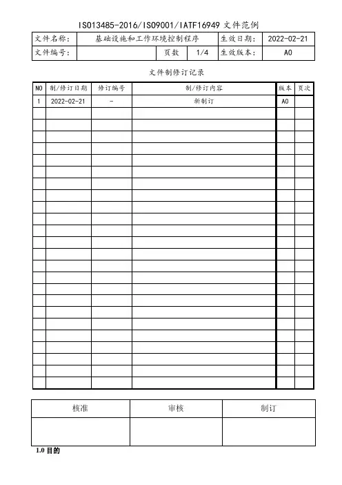 ISO13485-2016基础设施和工作环境控制程序
