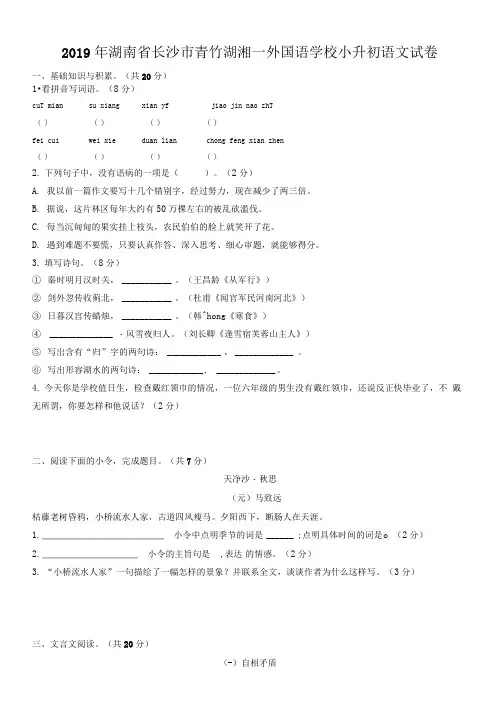 2019年湖南省长沙市青竹湖湘一外国语学校小升初语文试卷(含答案)