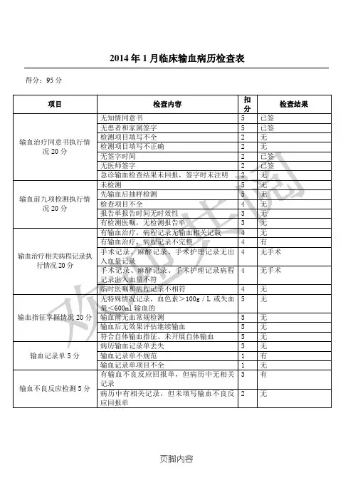 临床输血病历检查表格模板