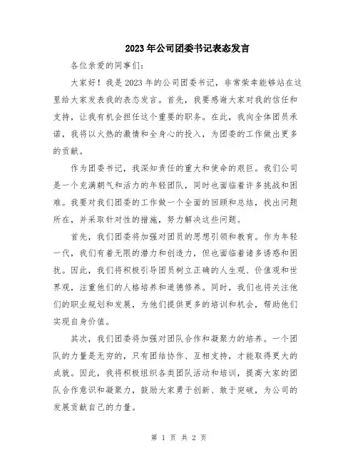2023年公司团委书记表态发言
