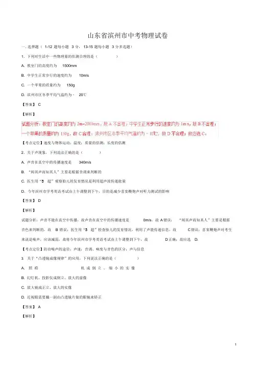 山东省滨州市中考物理真题试题(含解析)