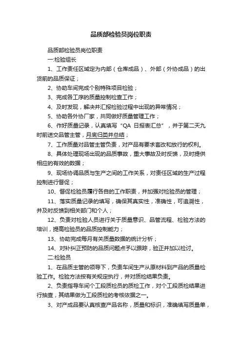 品质部检验员岗位职责