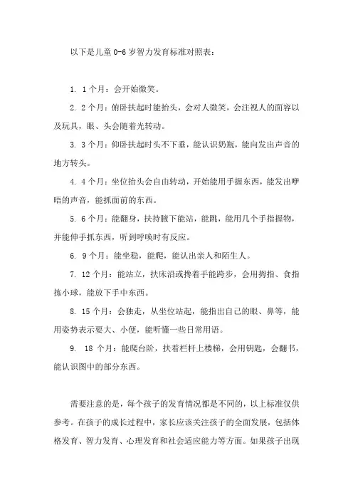 儿童发育标准对照表 智力 0-6