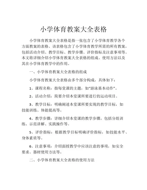 小学体育教案大全表格