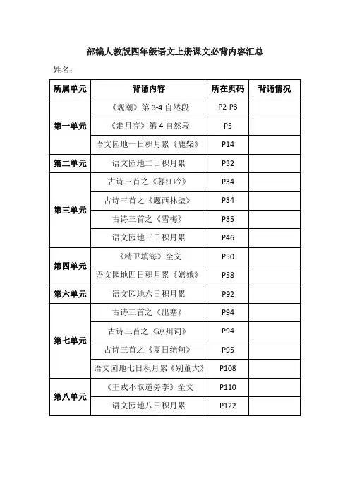 部编版小学语文四年级上册必背内容