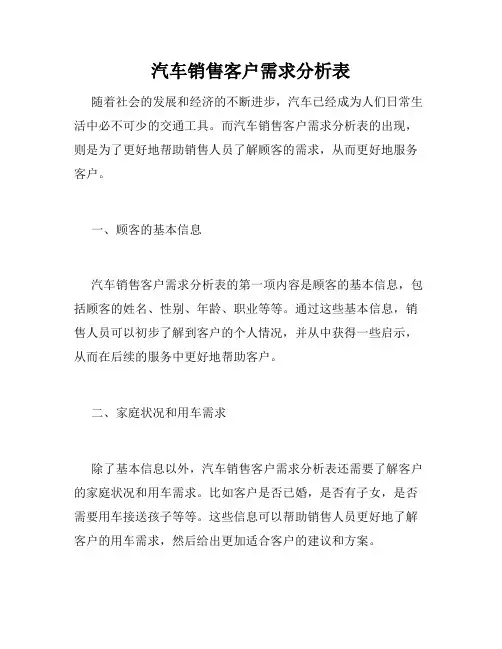 汽车销售客户需求分析表