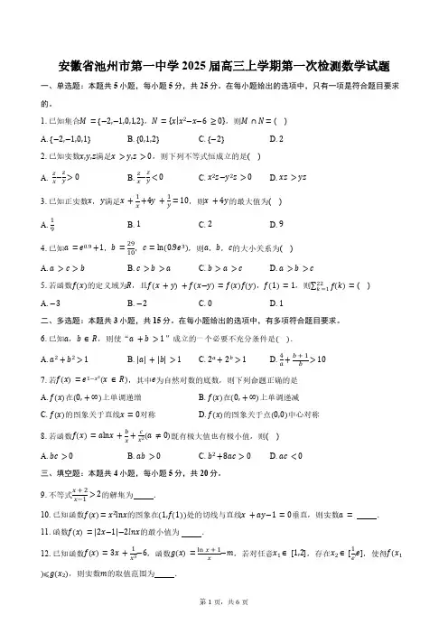 安徽省池州市第一中学2025届高三上学期第一次检测数学试题(含答案)