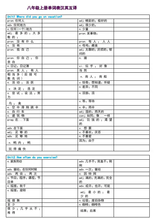 八年级上册单词表(汉译英)