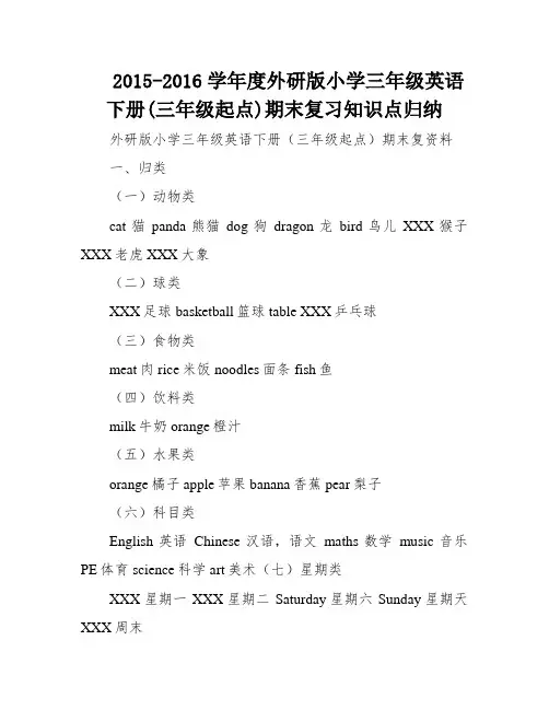 2015-2016学年度外研版小学三年级英语下册(三年级起点)期末复习知识点归纳