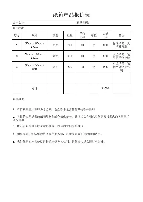 纸箱产品报价表模板excel(可修改)