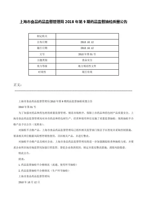 上海市食品药品监督管理局2018年第9期药品监督抽检质量公告-2018年第81号