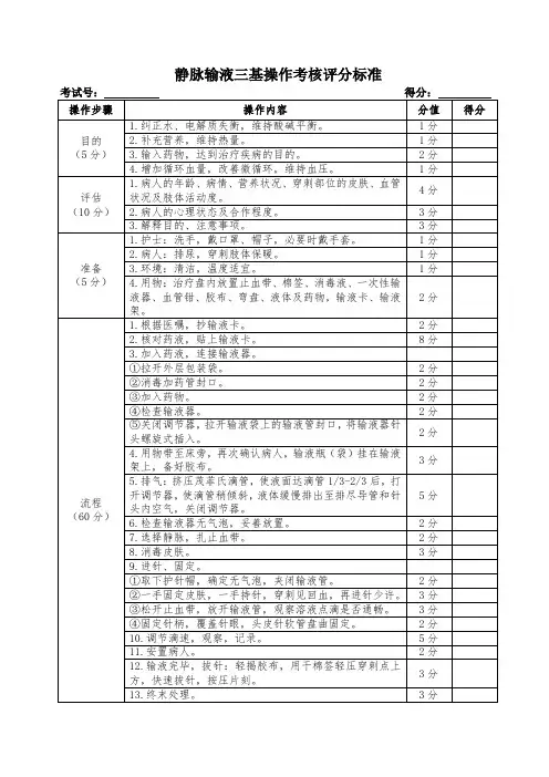 静脉输液三基操作考核评分标准