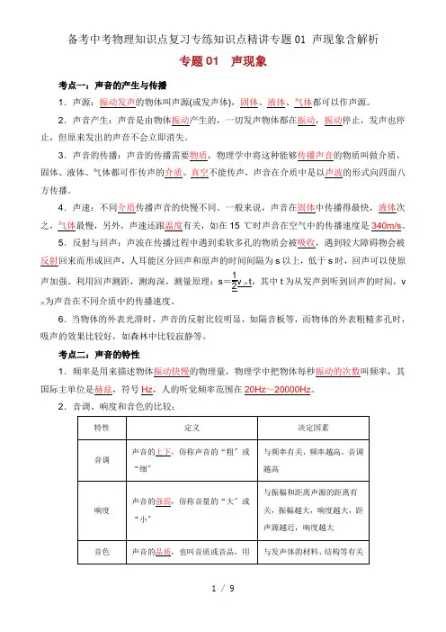 备考中考物理知识点复习专练知识点精讲专题01 声现象含解析