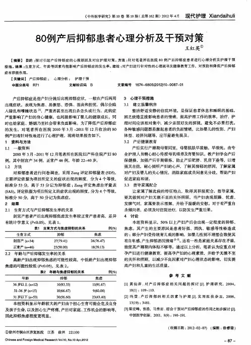80例产后抑郁患者心理分析及干预对策
