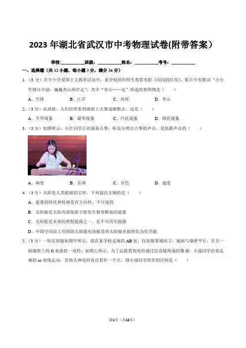 2023年湖北省武汉市中考物理试卷(附带答案)