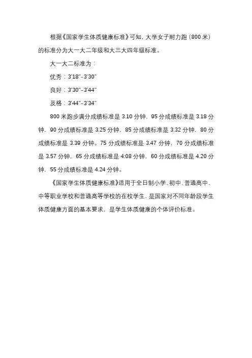 国家学生体质健康标准大一大二女生800