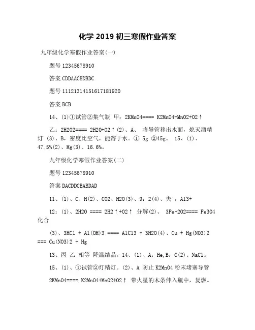 化学2019初三寒假作业答案
