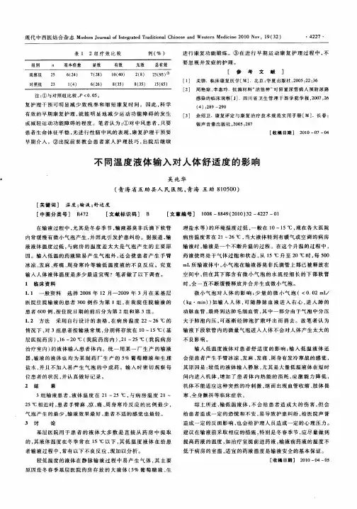 不同温度液体输入对人体舒适度的影响