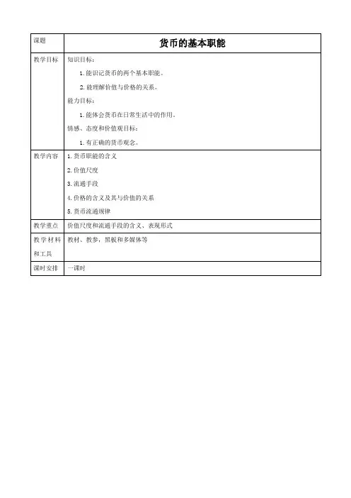 政治：《货币的基本职能》教案(新人教必修1).doc