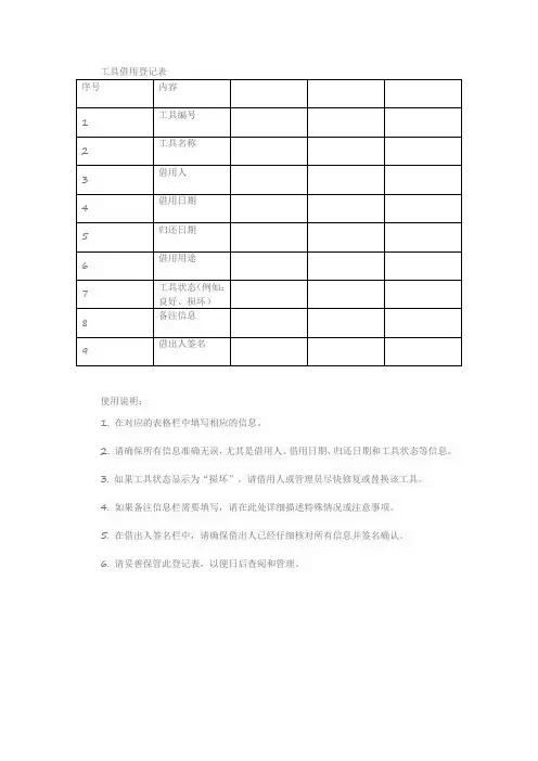 工具借用登记表模板