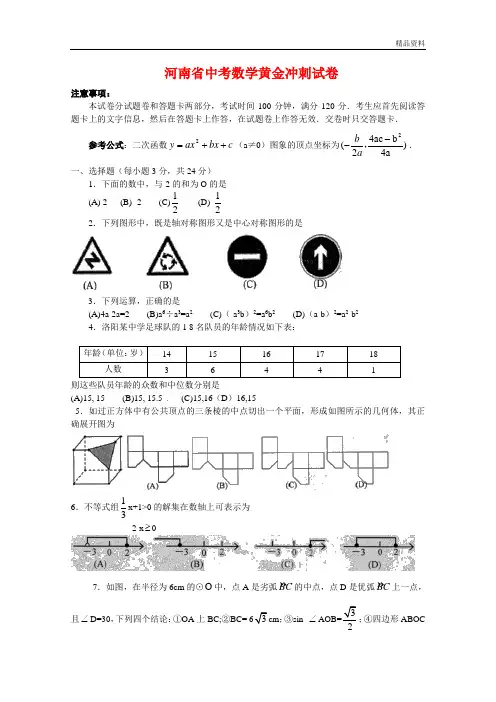 2020年河南省中考数学黄金冲刺试卷(有答案)