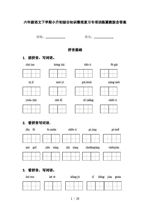 六年级语文下学期小升初综合知识整理复习专项训练冀教版含答案