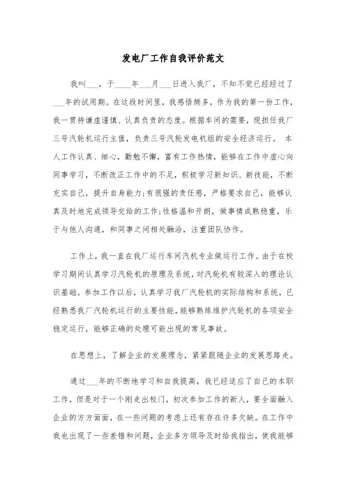 发电厂工作自我评价范文(四篇)