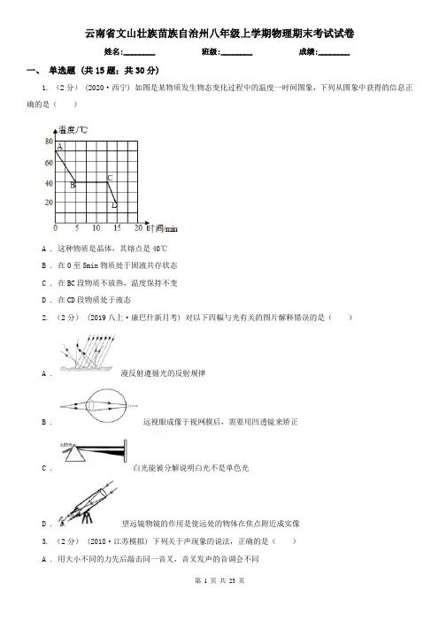 云南省文山壮族苗族自治州八年级上学期物理期末考试试卷