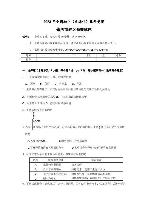 2023年广东省肇庆市初中化学竞赛初赛试题