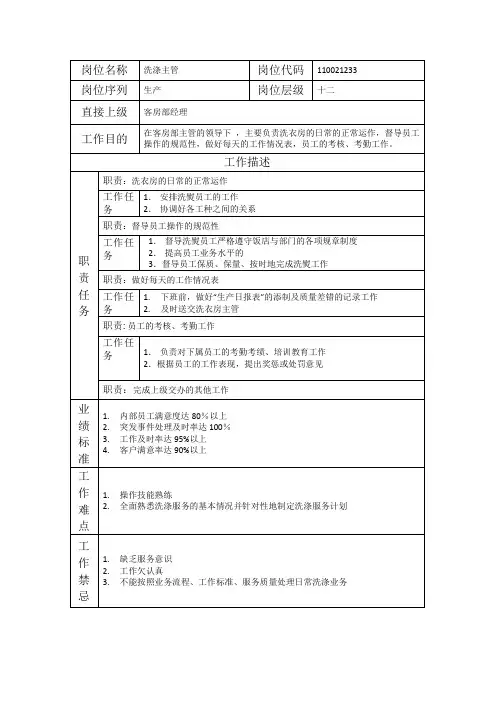 洗涤主管-岗位职责