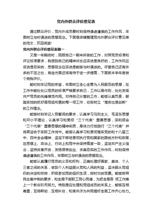 党内外群众评价意见表