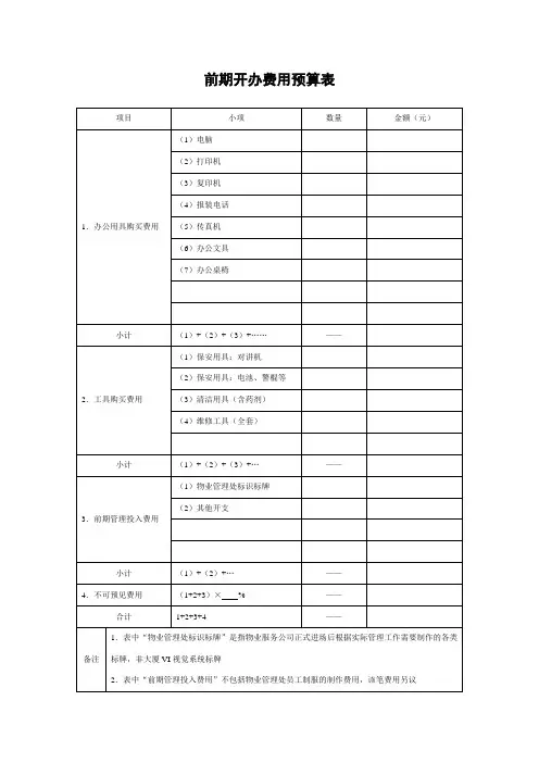 前期开办费用预算表