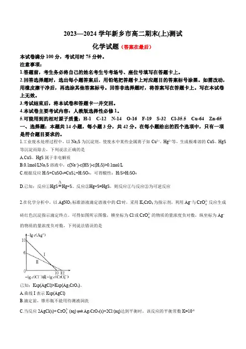 河南省新乡市2023-2024学年高二上学期期末测试 化学含解析