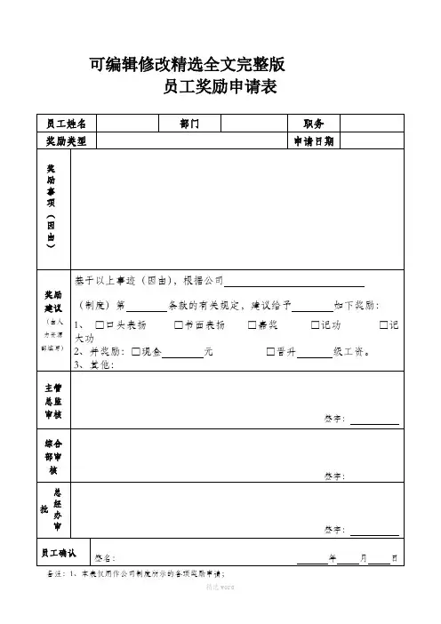 员工奖励申请表(模板)精选全文