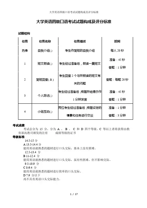 大学英语四级口语考试试题构成及评分标准