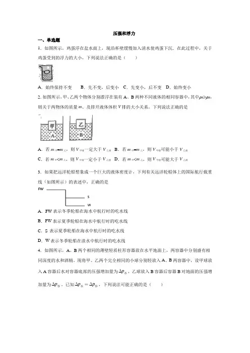 2020年中考第一轮复习压强和浮力专题浮力练习题(有答案)