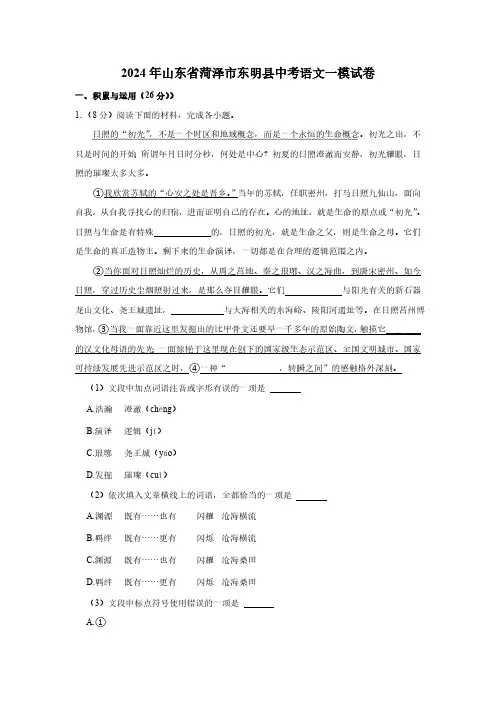 2024年山东省菏泽市东明县中考语文一模试卷(含解析)