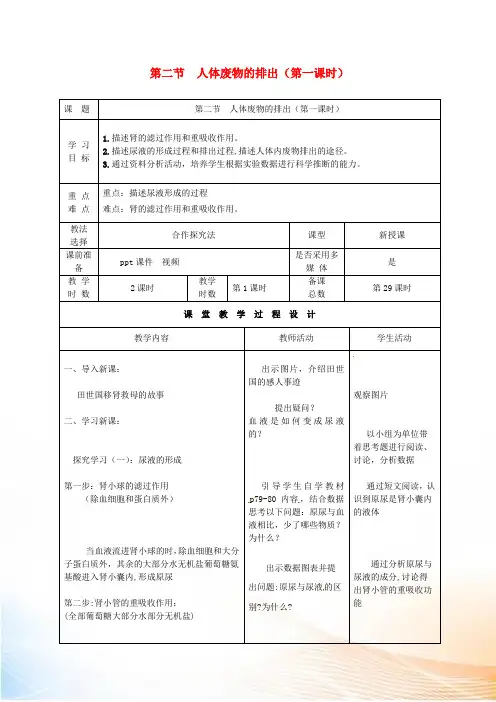 甘肃省瓜州县第二中学七年级生物下册 11.2 人体废物的排除(第1课时)教学案(新版)苏教版