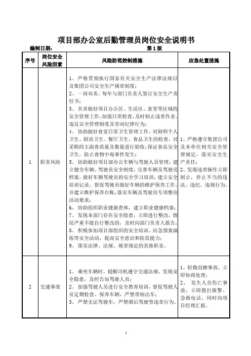 后勤管理员岗位安全说明书