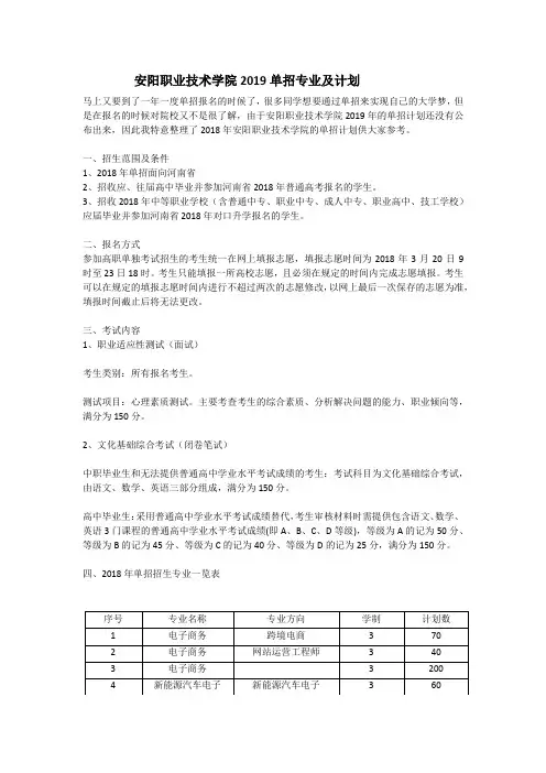 安阳职业技术学院2019单招专业及计划