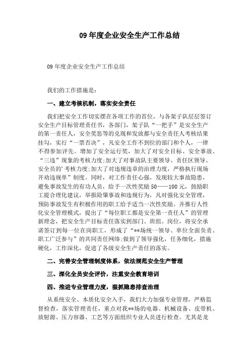09年度企业安全生产工作总结
