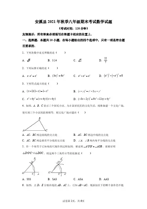 福建省泉州市安溪县2021-2022学年八年级上学期期末数学试题2