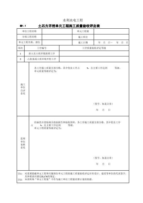 表1.1 土石方开挖单元工程施工质量验收评定表