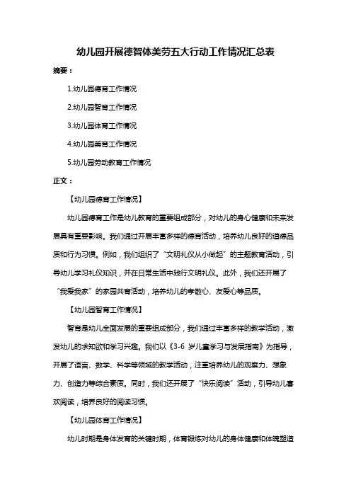 幼儿园开展德智体美劳五大行动工作情况汇总表