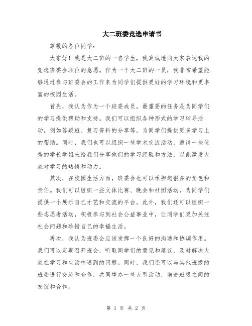 大二班委竞选申请书