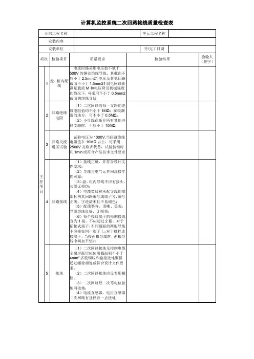 计算机监控系统二次回路接线质量检查表