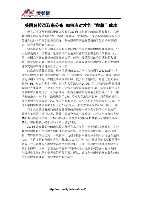 【美梦网】美国名校录取率公布 如何应对才能“爬藤”成功